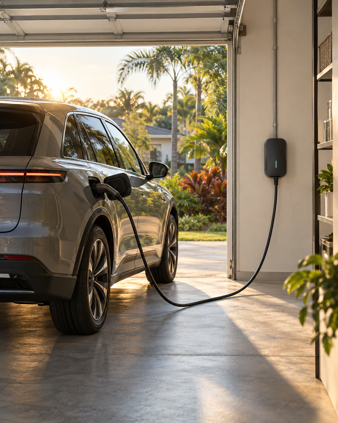 Illustrative scene of an electric car charging in a home garage